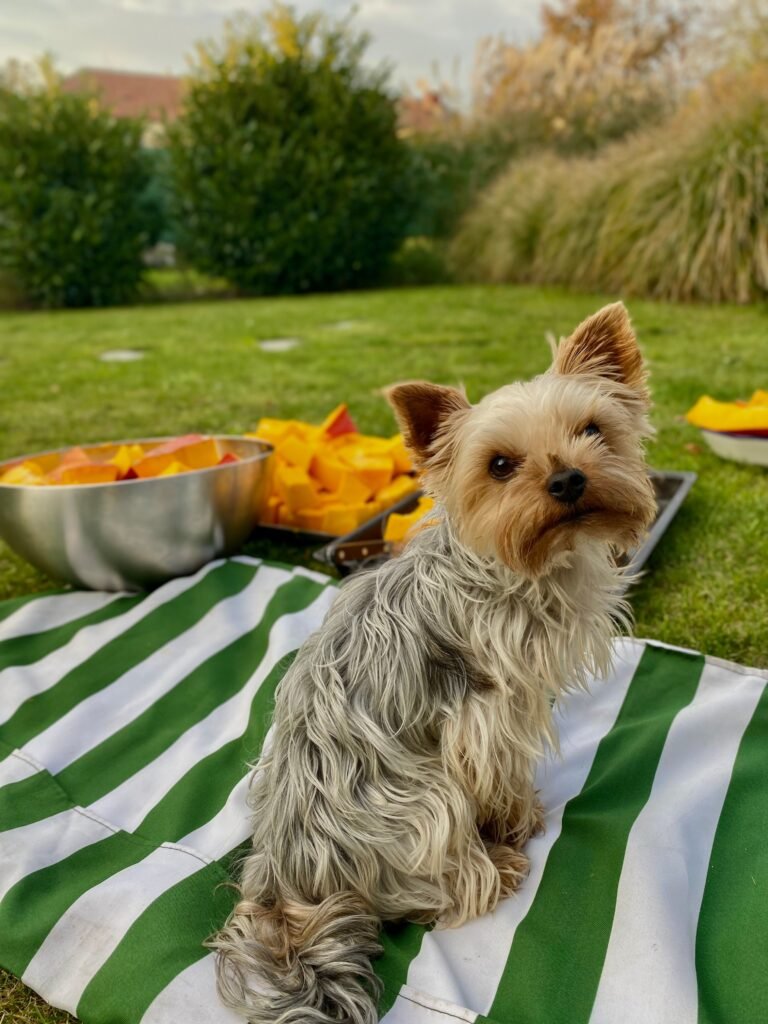 cachorro sentado ao lado de tigela com frutas variadas