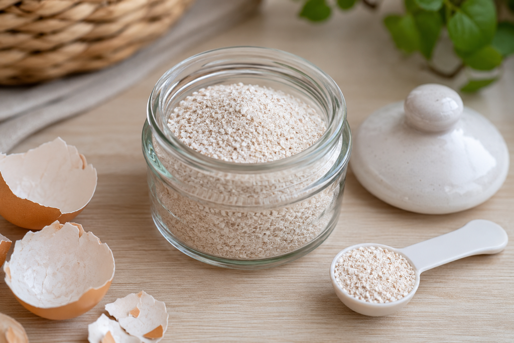 Casca de ovo triturada em pó, usada como suplemento de cálcio na alimentação natural do cão