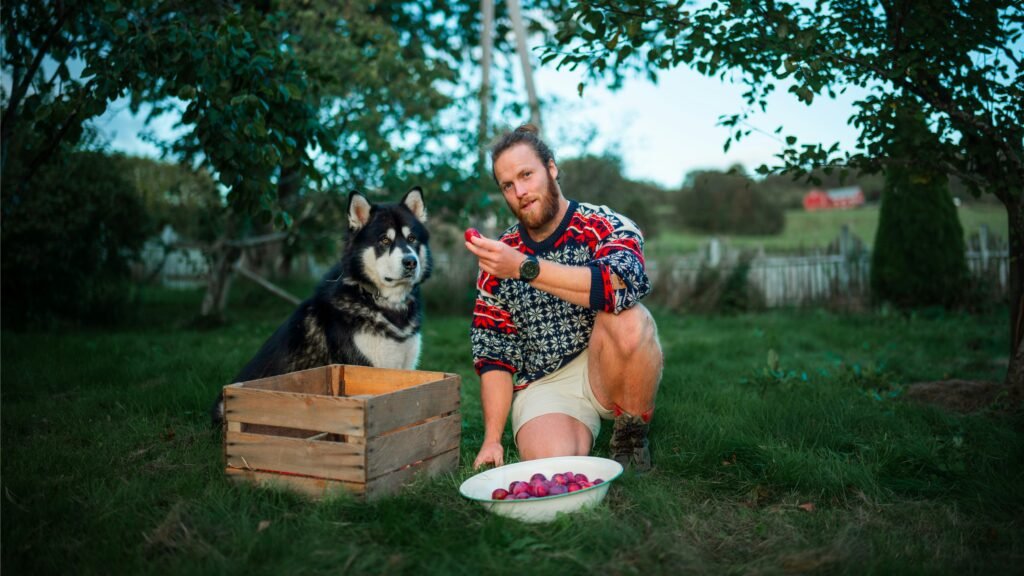 Tutor agachado no jardim oferecendo um pedaço de fruta ao cachorro