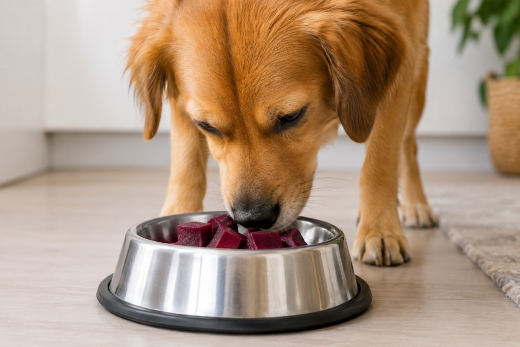 Cachorro filhote cheirando cubos de beterraba em tigela de metal no chão
