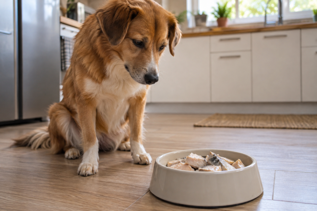 cachorro sentado perto de tigela com peixe cozido em pedaços