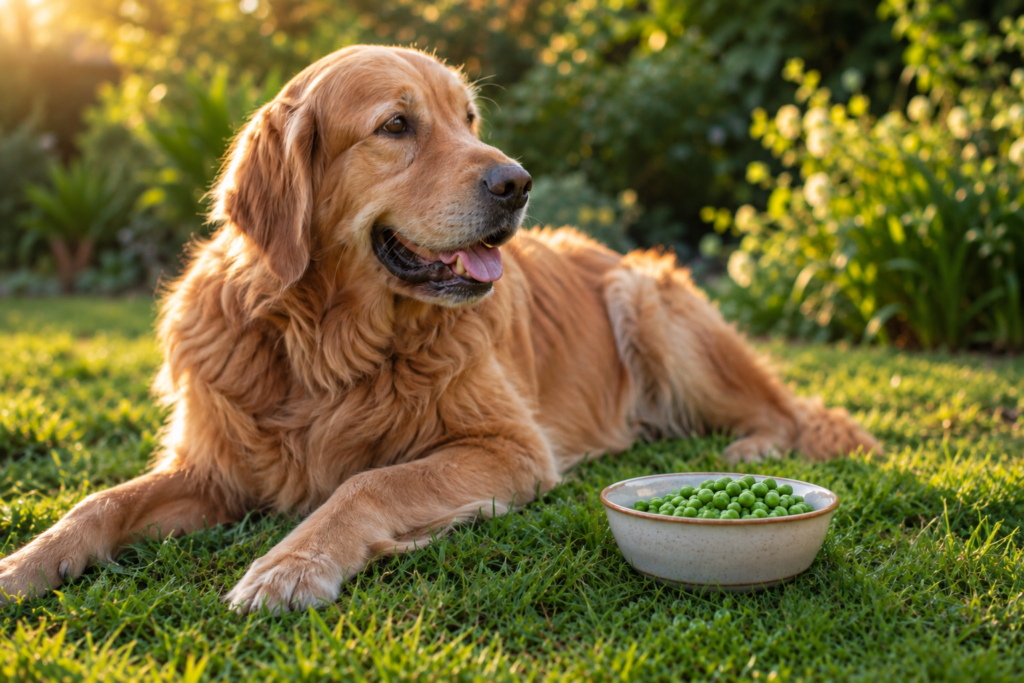 Cachorro golden retriever deitado na grama do jardim ao lado de tigela com ervilhas frescas