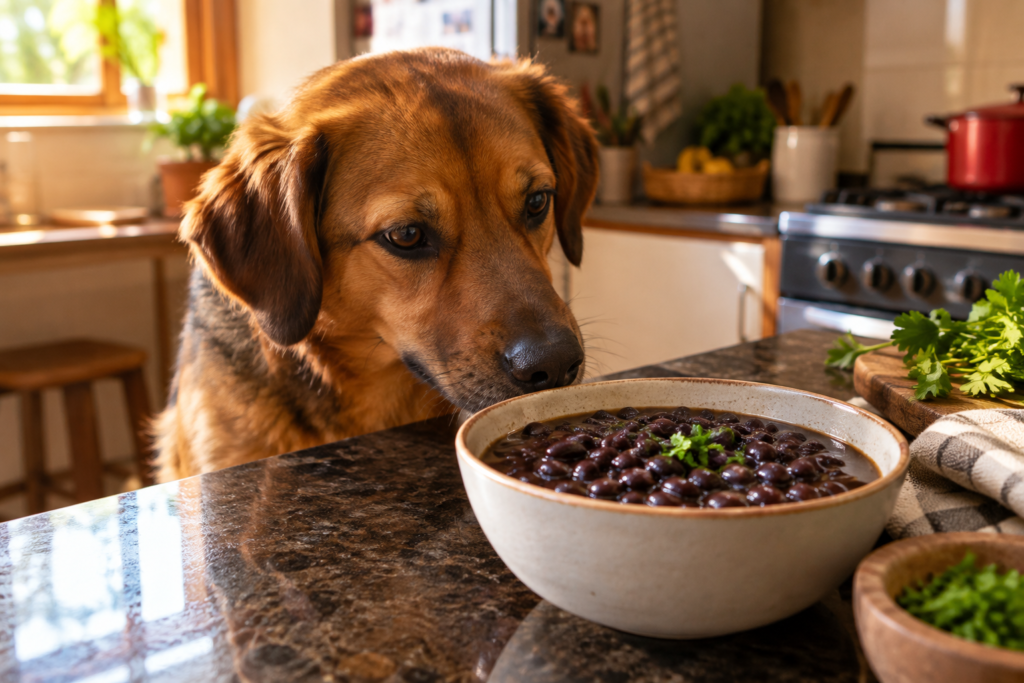 Cachorro cheirando prato de feijão cozido em cima do balcão da cozinha