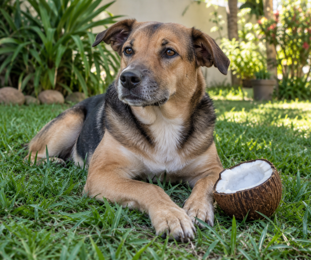 cachorro deitado na grama ao lado de meio coco aberto no quintal