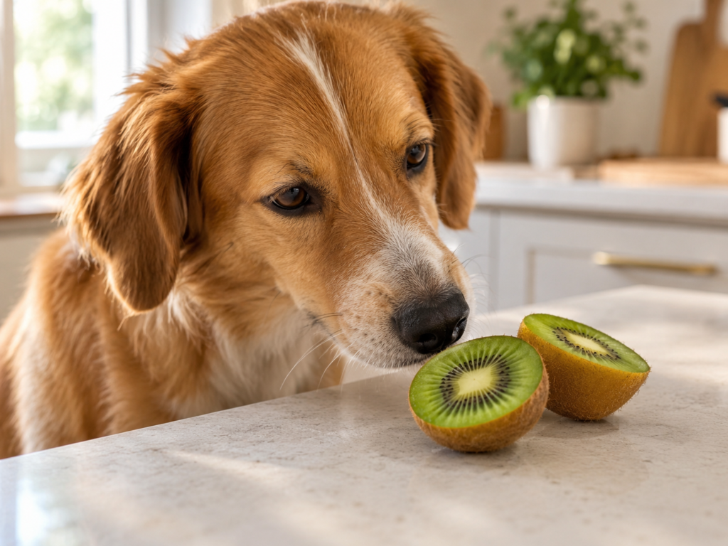  Cachorro de porte médio cheirando um kiwi cortado ao meio em cima de uma bancada de cozinha