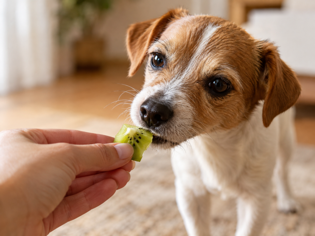 Tutor oferecendo um pequeno pedaço de fruta na palma da mão para um cachorro de porte pequeno