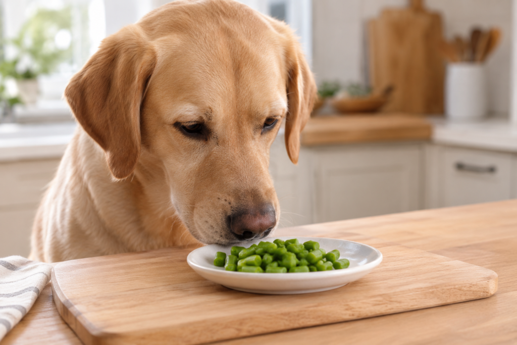 cachorro fareja pedaços de vagem cozida servidos em um pratinho