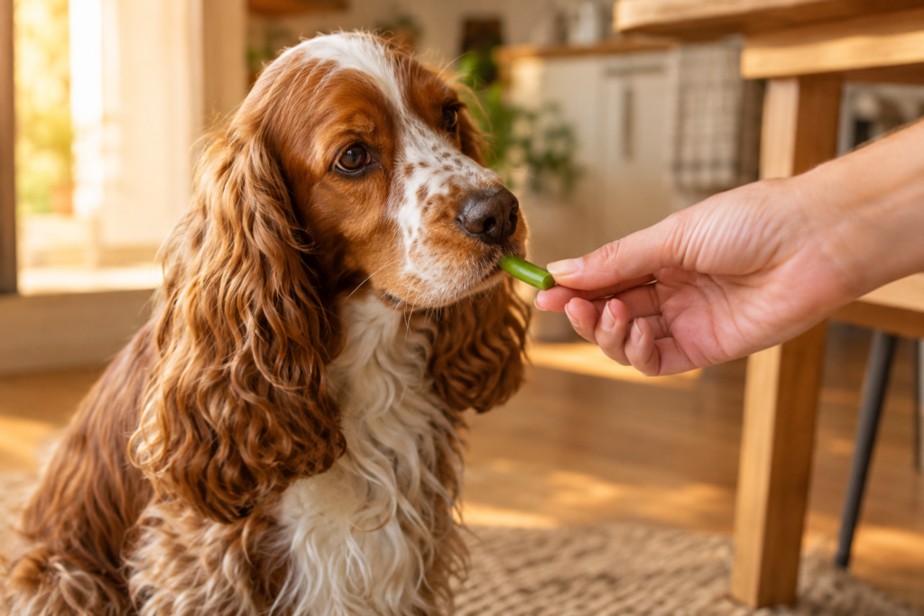 cachorro recebendo vagem cozida da mão do tutor