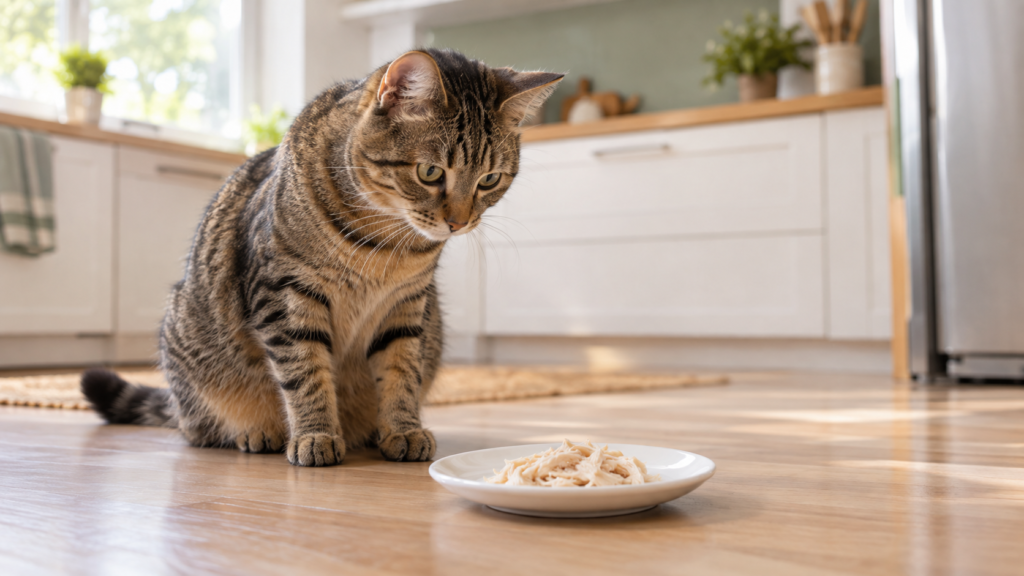 Gato olhando para um prato com frango cozido desfiado