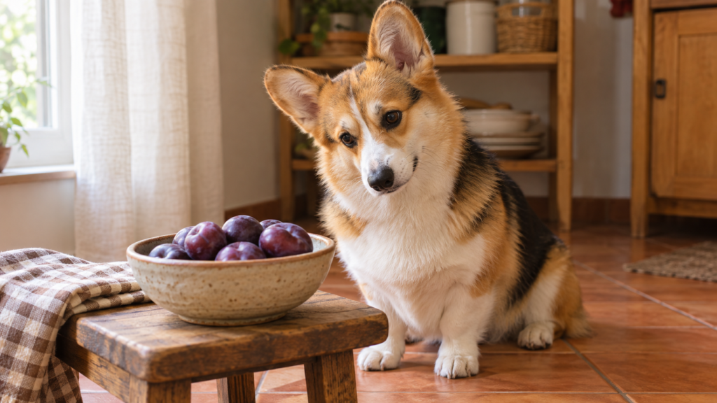corgi sentado na cozinha olhando para uma tigela com ameixas frescas, ilustrando a dúvida se cachorro pode comer ameixa