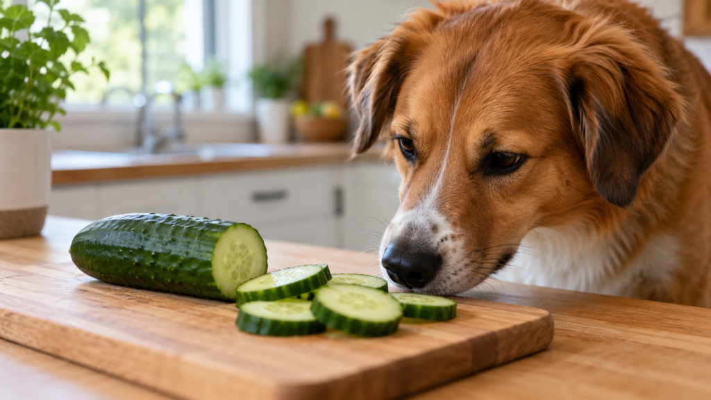 Cachorro fungando pedaços de pepino fatiado sobre tábua de madeira