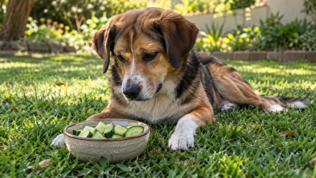 Cachorro deitado no gramado próximo a uma tigela com pepino picado