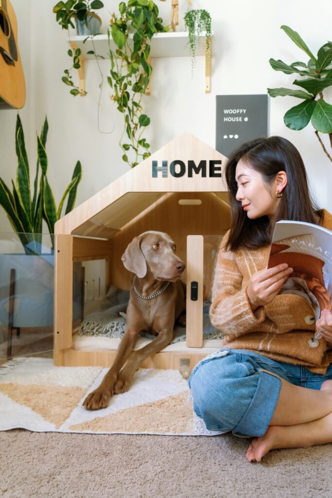 tutora sentada ao lado do cachorro em ambiente doméstico, perto de casinha de madeira