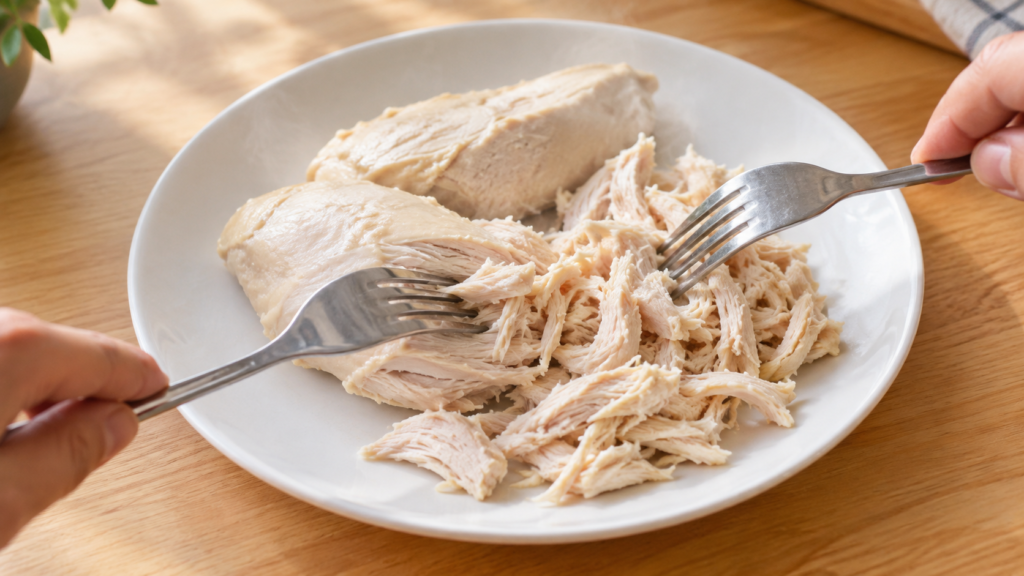 Peito de frango cozido sendo desfiado em um prato