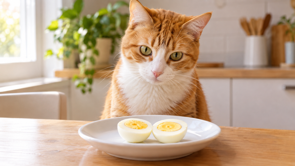 Gato doméstico sentado olhando para um prato com ovo cozido cortado ao meio