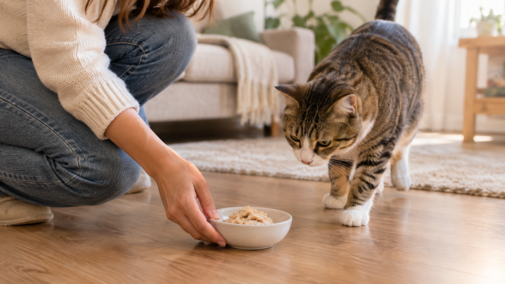 Tutora oferecendo frango desfiado em um pote para o gato