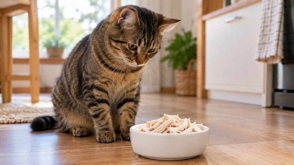 Gato olhando para uma tigela com frango cozido desfiado