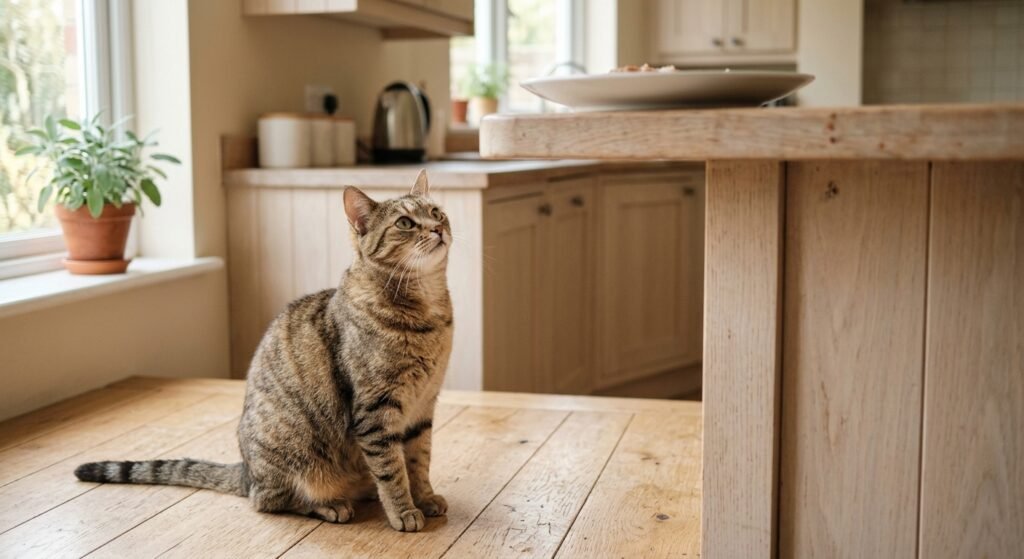 gato doméstico sentado no chão da cozinha olhando com curiosidade para um prato no balcão